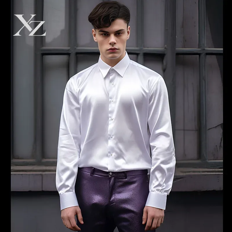 Mens Satin Silk Dress Shirt - เสื้อเชิ้ตผู้ชาย ผ้าซาตินเนื้อเงา ลื่น ใส่สบาย แขนยาว คอปก