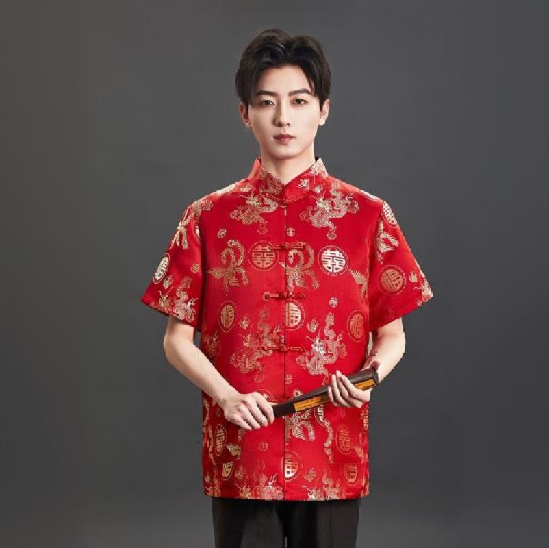 Mens Satin Silk Dress Shirt - เสื้อยืดผ้าซาตินปักลายสไตล์จีนใหม่ แขนสั้นสำหรับผู้ชาย เหมาะสำหรับงานวันเกิด งานแต่งงาน ใส่ได้ทั้งฤดูใบไม้ผลิและฤดูร้อน เสื้อคลุมลำลอง