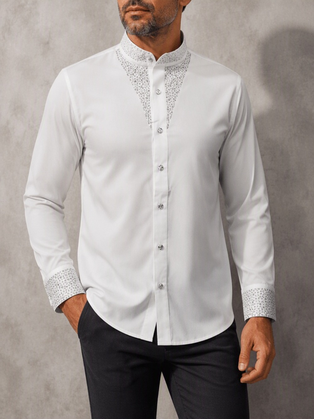 Mandarin Collar Formal Shirt Slim Fit - เสื้อเชิ้ตผู้ชายสไตล์ลำลองสำหรับใส่ทำงาน ดีไซน์หรูหรา ประดับด้วยคริสตัล กระดุมแถวเดียว แขนยาว ทรงเข้ารูป