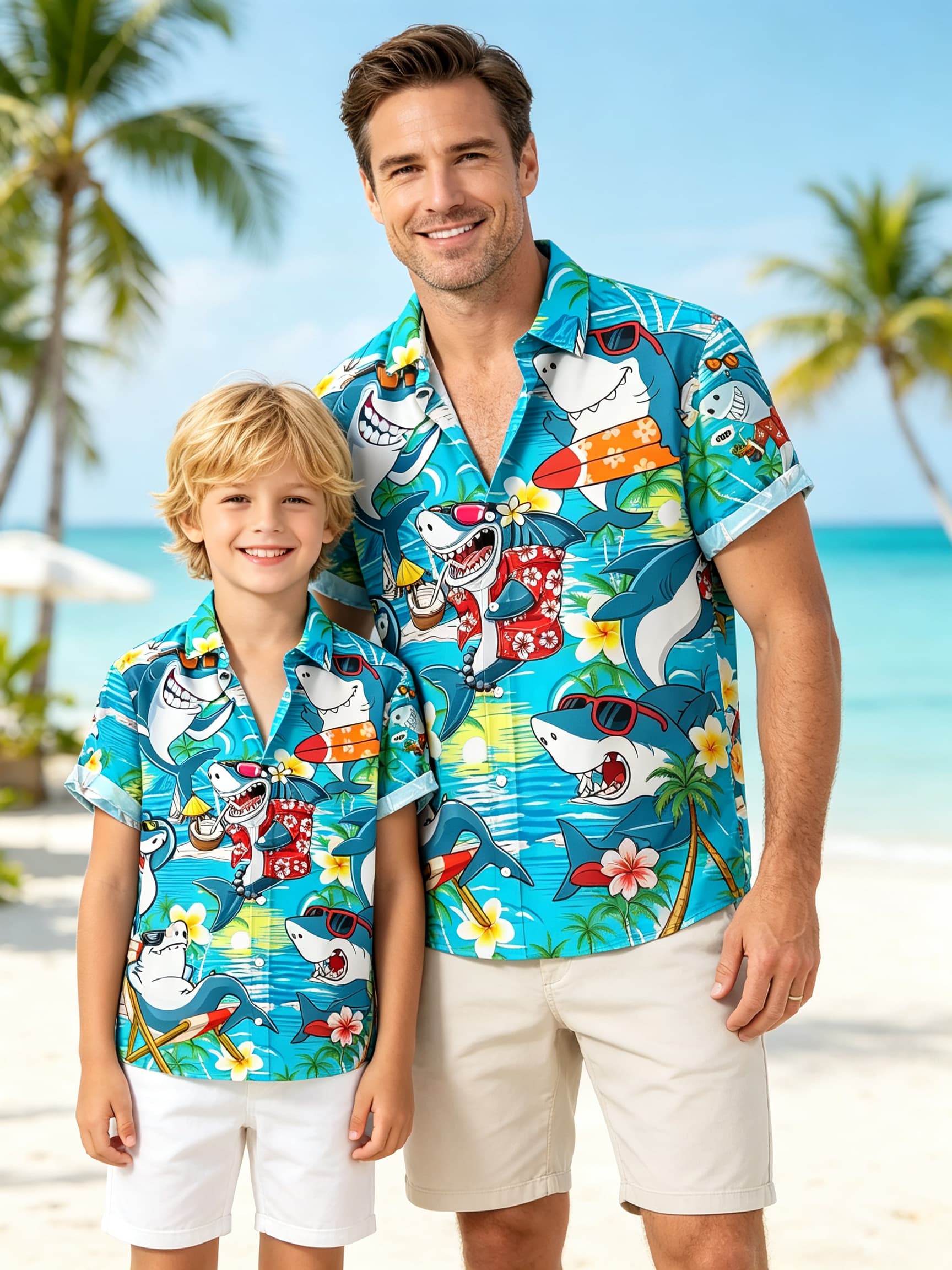 Vintage Hawaiian Floral Shirt - เสื้อเชิ้ตแขนสั้นลายดอกไม้ฮาวายวินเทจ สำหรับผู้ชาย ผู้หญิง และเด็ก ลายพิมพ์พื้นทะเลต้นฉบับ แฟชั่นฉลาม