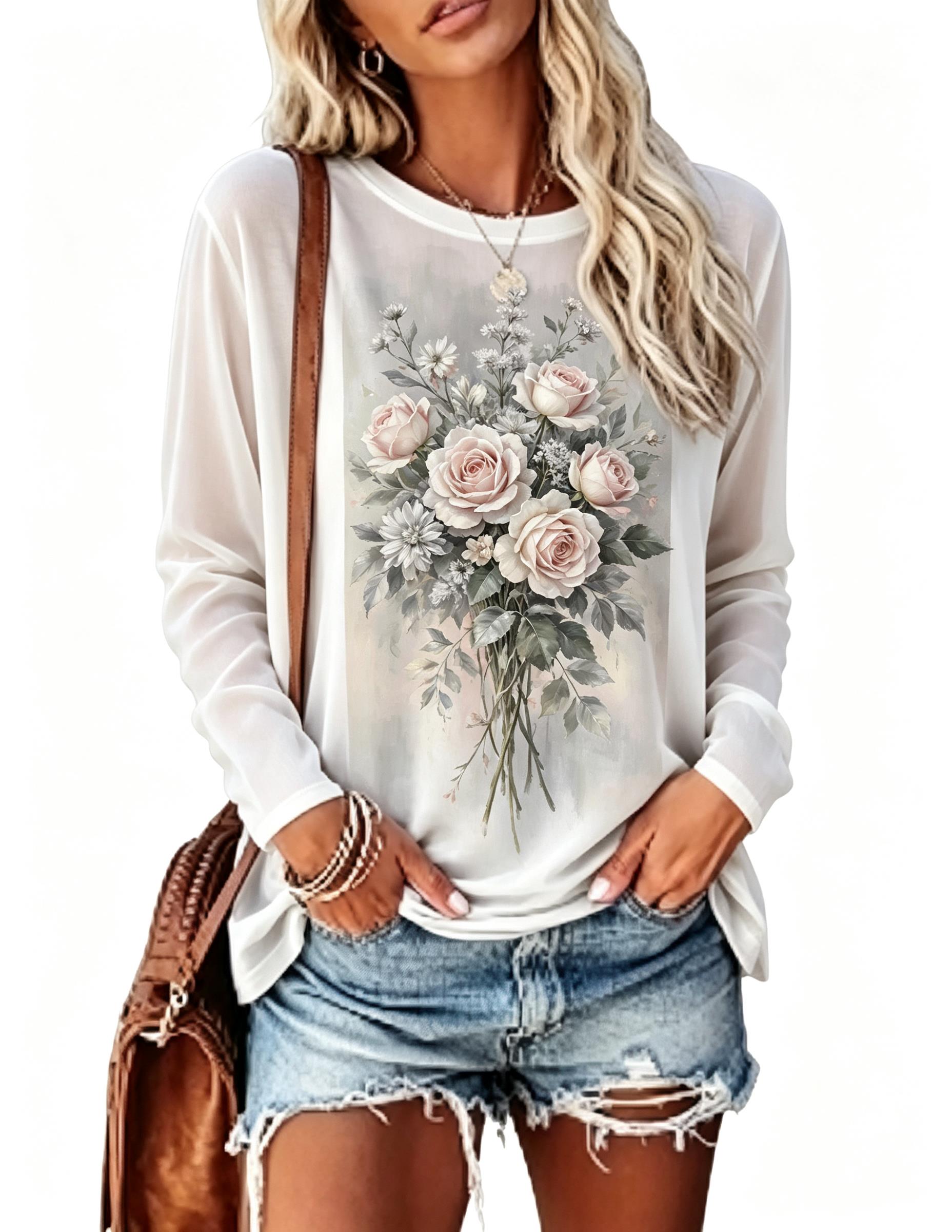 เสื้อยืดแขนยาวผู้หญิง ลายดอกกุ - T-Shirts บทวิจารณ์และราคา