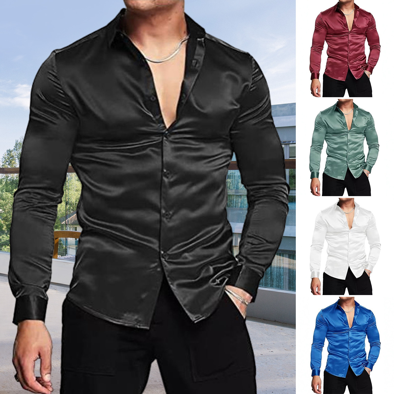 สีชมพูผ้าไหมซาตินหรูหราชุดเสื้ - Mens Satin Silk Dress Shirt บทวิจารณ์และราคา