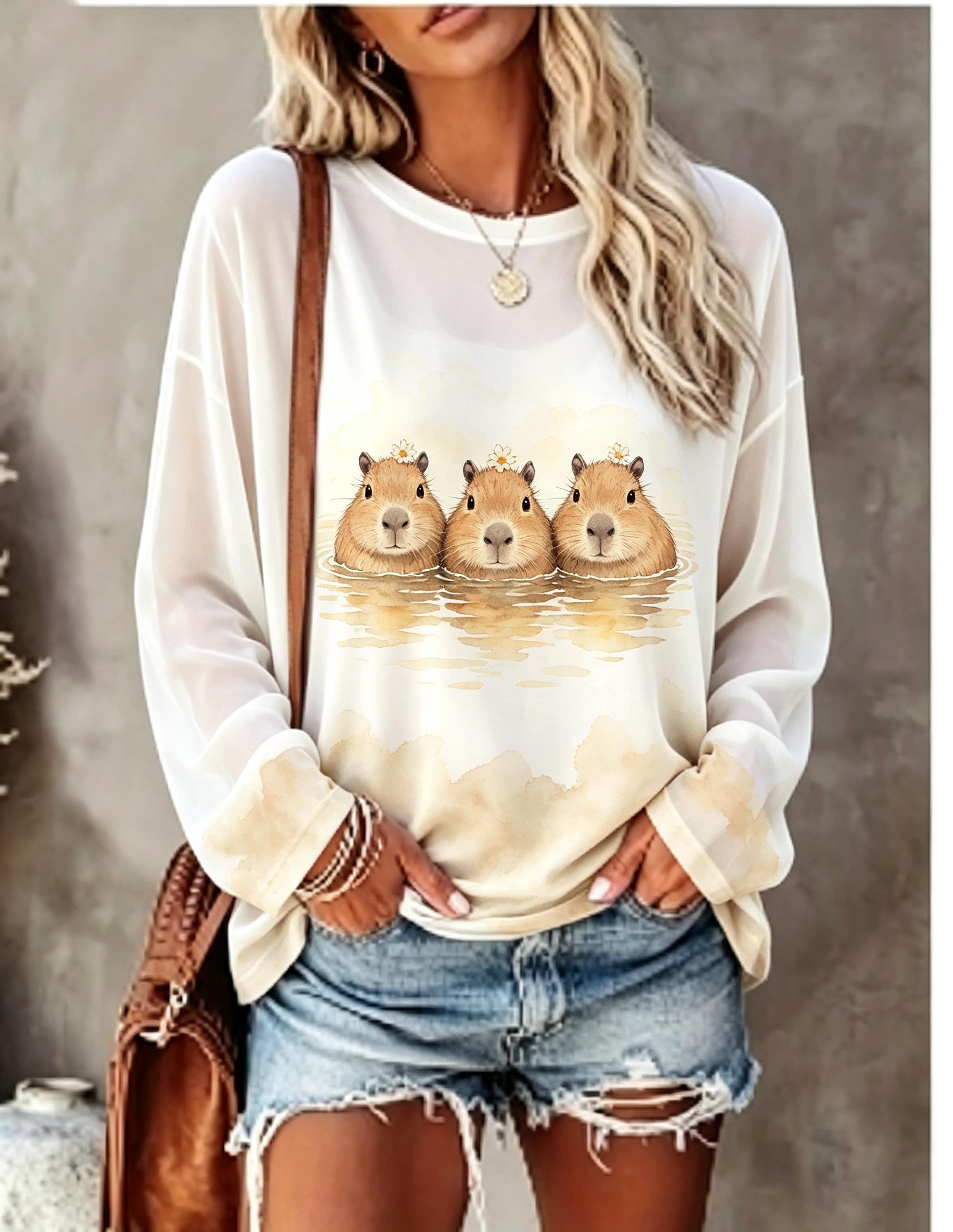 เสื้อยืดแขนยาวผู้หญิง ลายคาปิบ - T-Shirts บทวิจารณ์และราคา