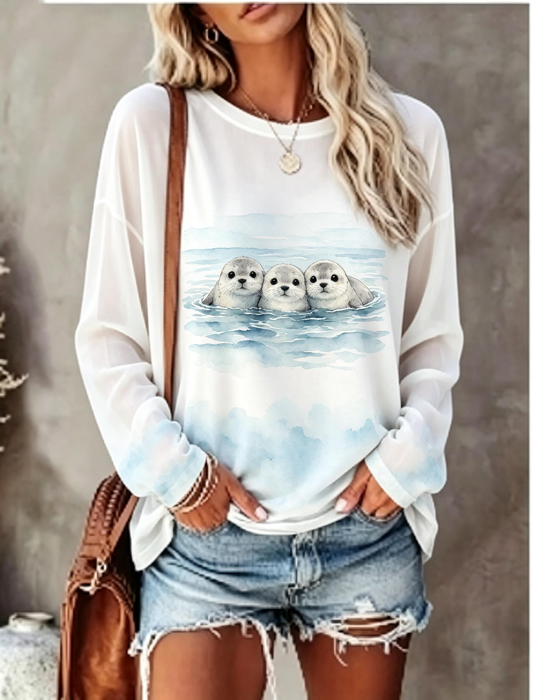 เสื้อยืดแขนยาวผู้หญิง ลายคาปิบ - T-Shirts บทวิจารณ์และราคา